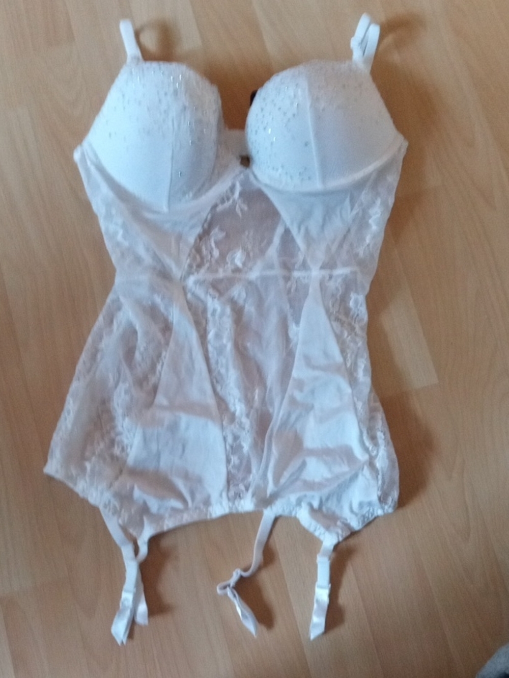 La SENZA White Lace Sequin Bustier with Garter Straps